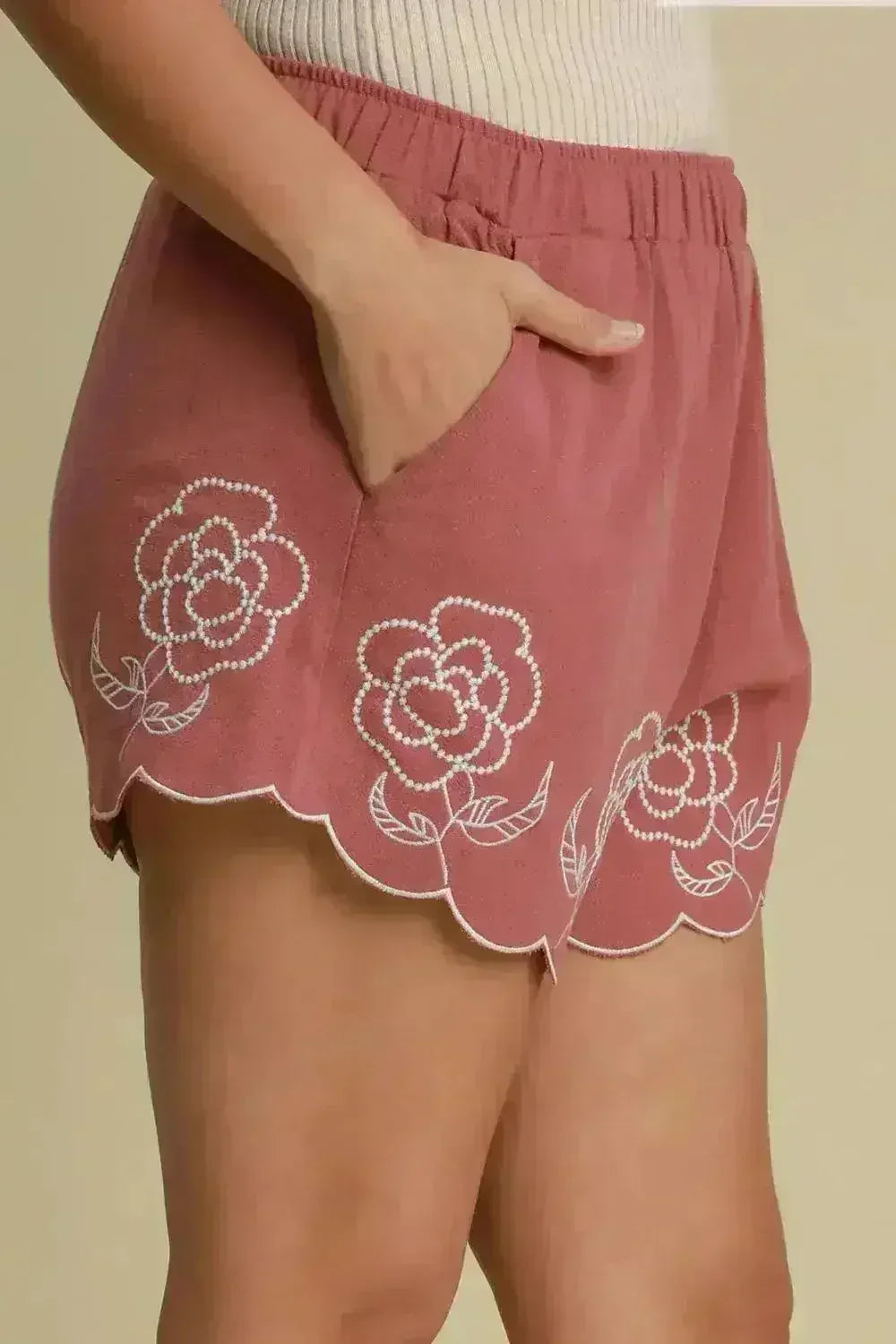 Umgee Full Size Linen Blend Shorts with Floral Embroidered Details - Femstylo