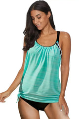 Sky Blue Tankini Swimsuit – Printed Lined Top w/ Adjustable Drawstring - Femstylo