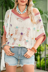 Delicacy Flowers Colorblock Edge Hollow Crochet Knit Top