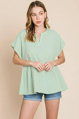 Ruched Notched Sleeve Blouse - Cotton Women's Top | Femstylo - Femstylo