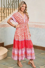 Red Boho Floral Tassel Tie Sleeve Maxi Dress - Femstylo