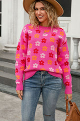 Rose Cute Flower Allover Ribbed Trimmed Drop Shoulder Pullover Sweater