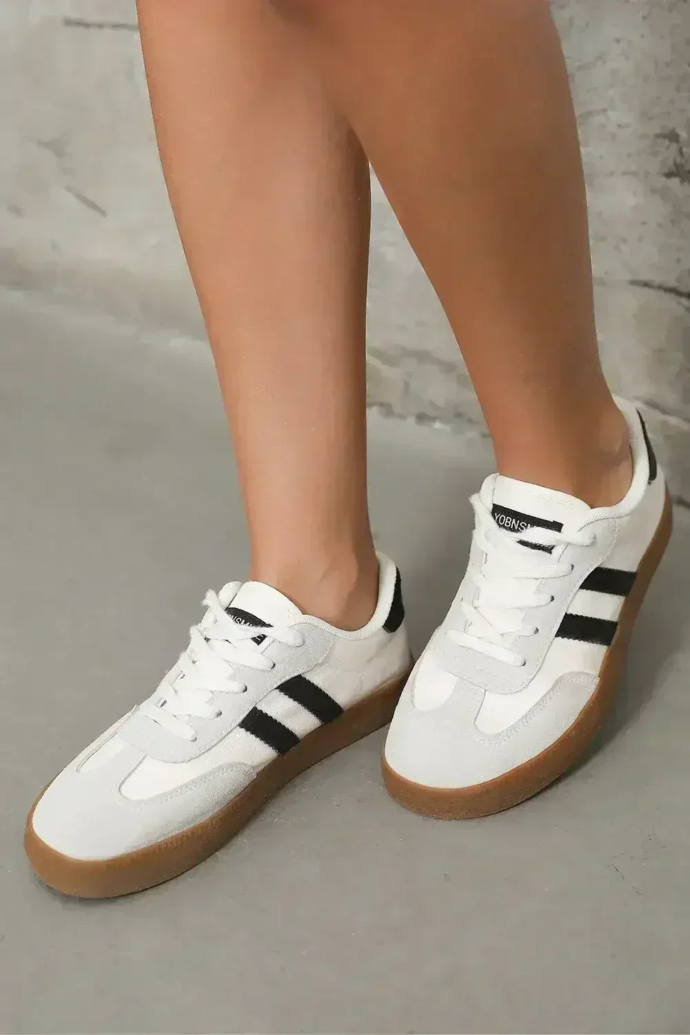 White Striped Lace Up Flat Sneakers - Femstylo