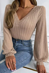 Knitted Jacquard V-Neck Top - Lantern Sleeve Blouse | Femstylo - Femstylo