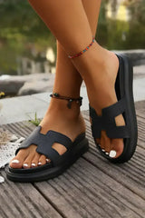 Black Cut Out Band Open Toe Platform Slides Shoes - Femstylo