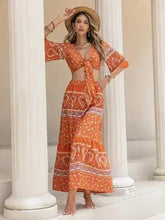 Printed Plunge Half Sleeve Top and Skirt Set - Femstylo