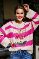 Rose Red I KNOW WAHT I WAT Sequin Letter Graphic Colorblock Loose Sweater