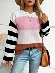 Color Block Round Neck Long Sleeve Sweater - Femstylo