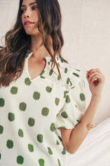 Apricot Polka Dot Print Smocked Notched Neck Balloon Sleeve Blouse