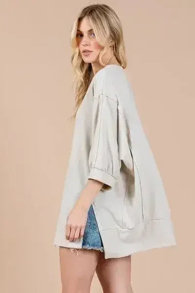 Ces Femme Side Slit Drop Shoulder Puff Sleeve Sweatshirt - Femstylo