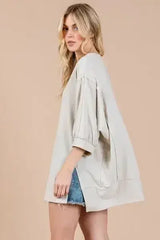 Ces Femme Side Slit Drop Shoulder Puff Sleeve Sweatshirt - Femstylo