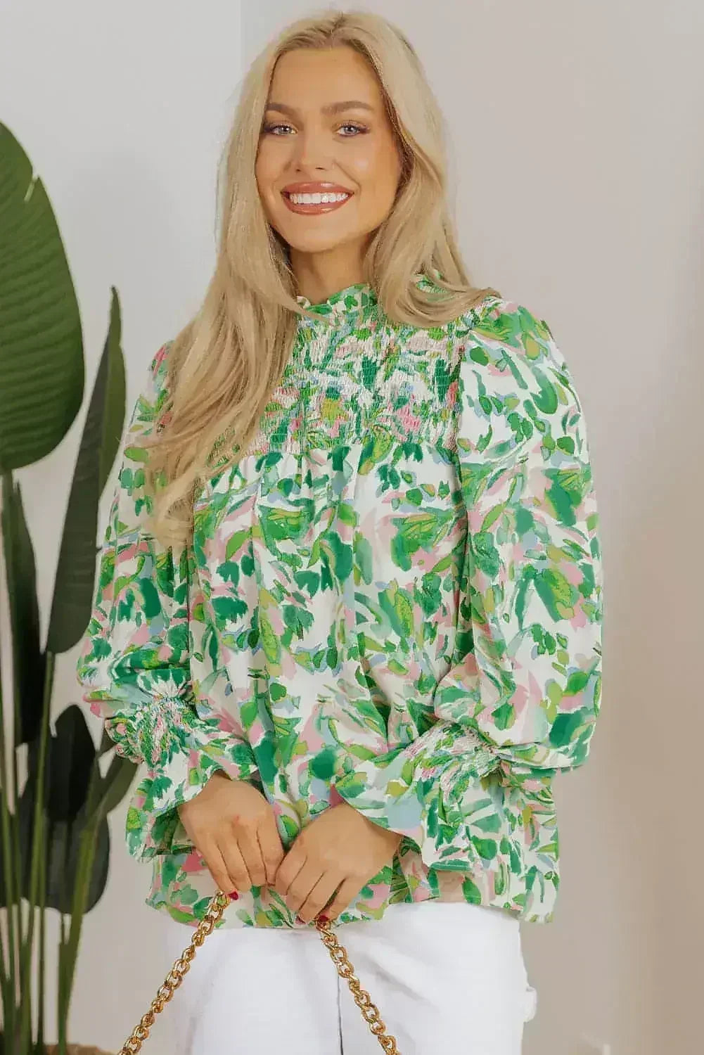 Leaf Print Flounce Sleeve Blouse - Botanical Top | Femstylo - Femstylo
