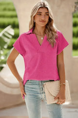 White Textured V Neck Collared Split Hem T Shirt - Femstylo