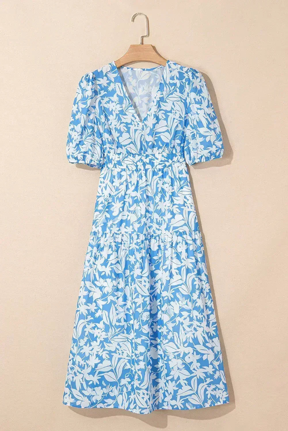 Sky Blue Floral Print Deep V Neck Puff Sleeve Flowy Dress - Femstylo