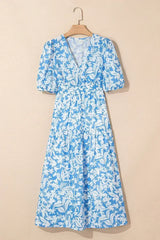 Sky Blue Floral Print Deep V Neck Puff Sleeve Flowy Dress - Femstylo