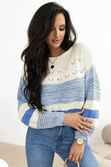 Light Blue Open Stitch Puff Sleeve Sweater - Femstylo