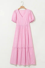 Pink Striped V Neck Puff Sleeve Frill Tiered Maxi Dress - Femstylo