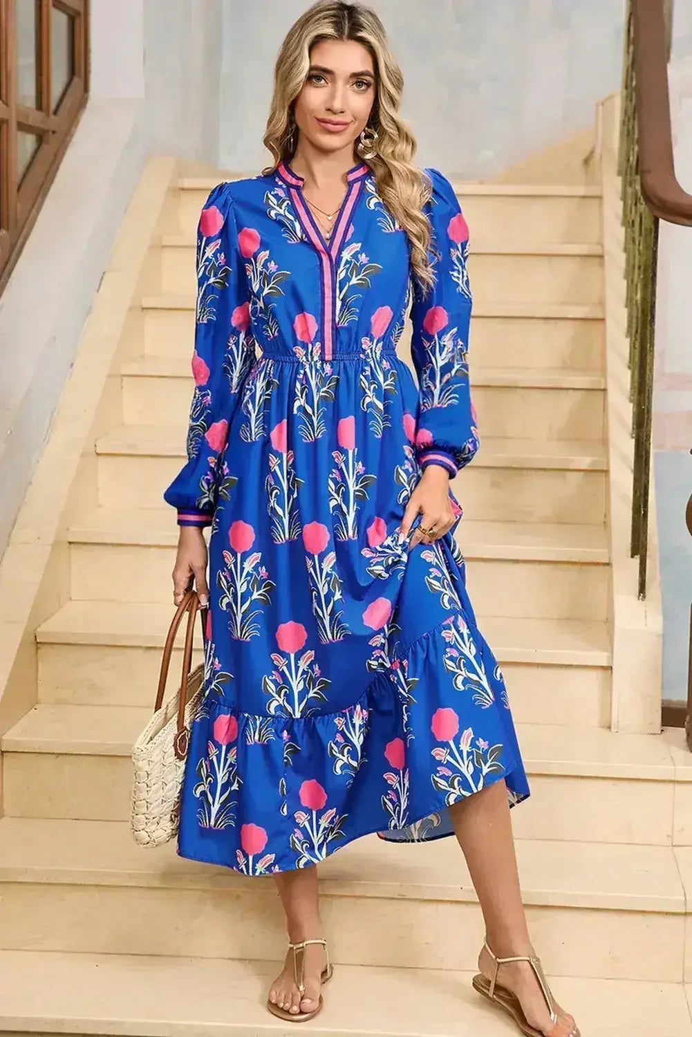 Blue Floral Print Pop of Color Neckline Long Sleeve Midi Dress - Femstylo