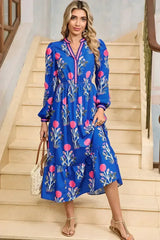Blue Floral Print Pop of Color Neckline Long Sleeve Midi Dress - Femstylo
