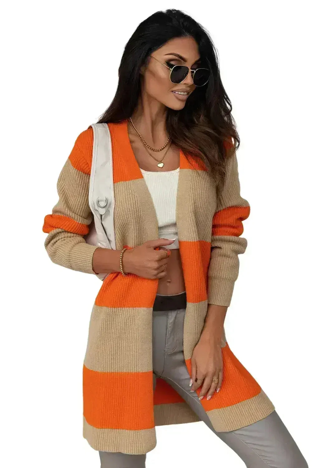 Orange Colorblock Ribbed Knit Cardigan - Femstylo