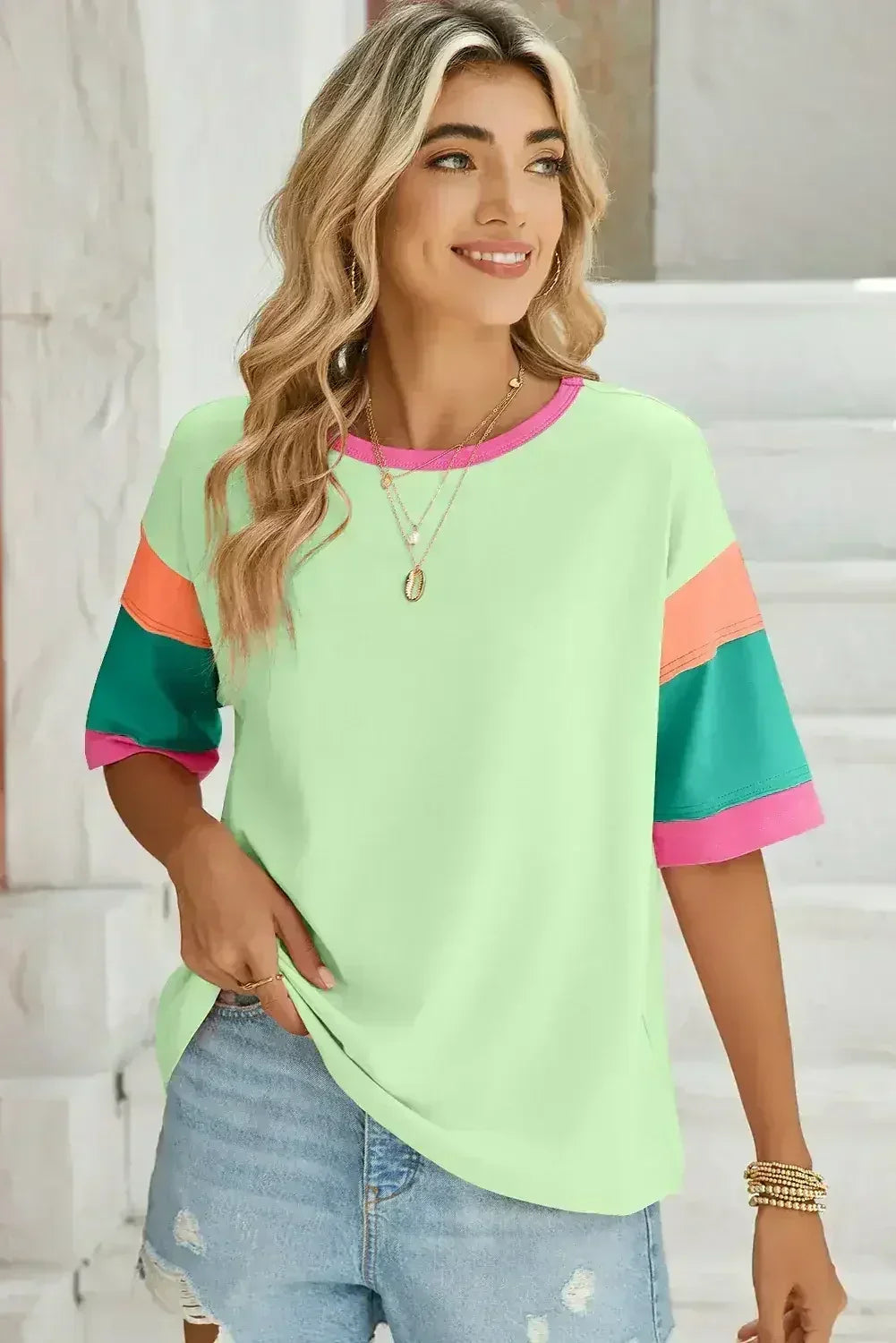 Light Blue Color Block Sleeve Round Neck Oversize Top - Femstylo