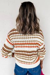 Brown Striped Eyelet Pattern Drop Shoulder Sweater - Femstylo