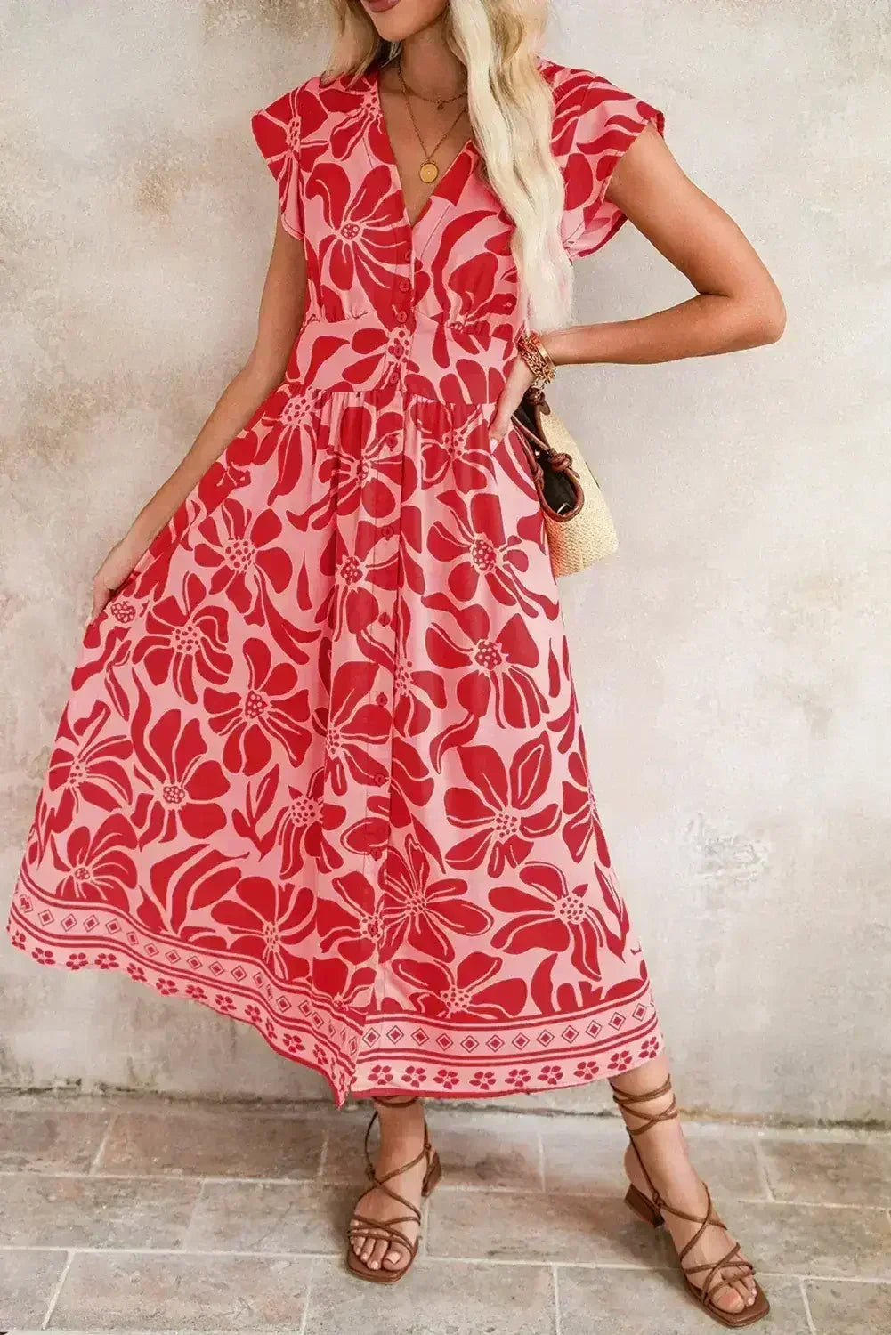 Red Boho Floral V-Neck Ruffle Shoulder Maxi Dress - Femstylo