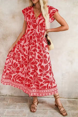 Red Boho Floral V-Neck Ruffle Shoulder Maxi Dress - Femstylo