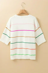 White Striped Half Sleeve Drop Shoulder Sweater - Femstylo