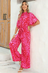 Rose Leopard Print Tulip Sleeve Belted Wide Leg Jumpsuit - Femstylo