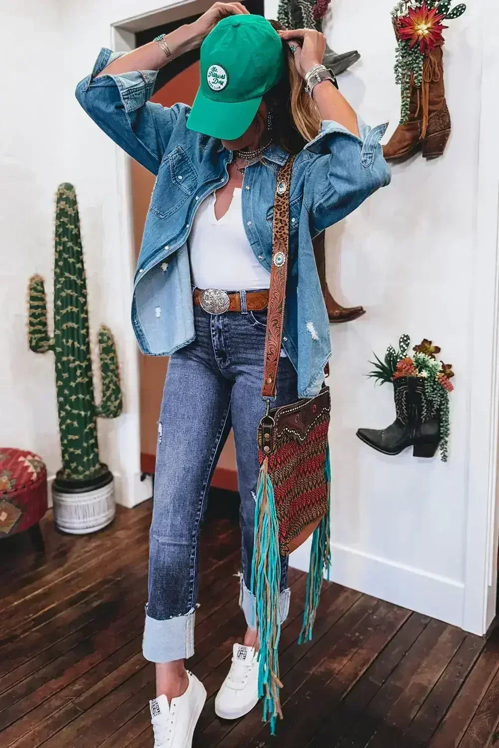 Real Teal Folded Cuffs Distressed High Waist Jeans - Femstylo