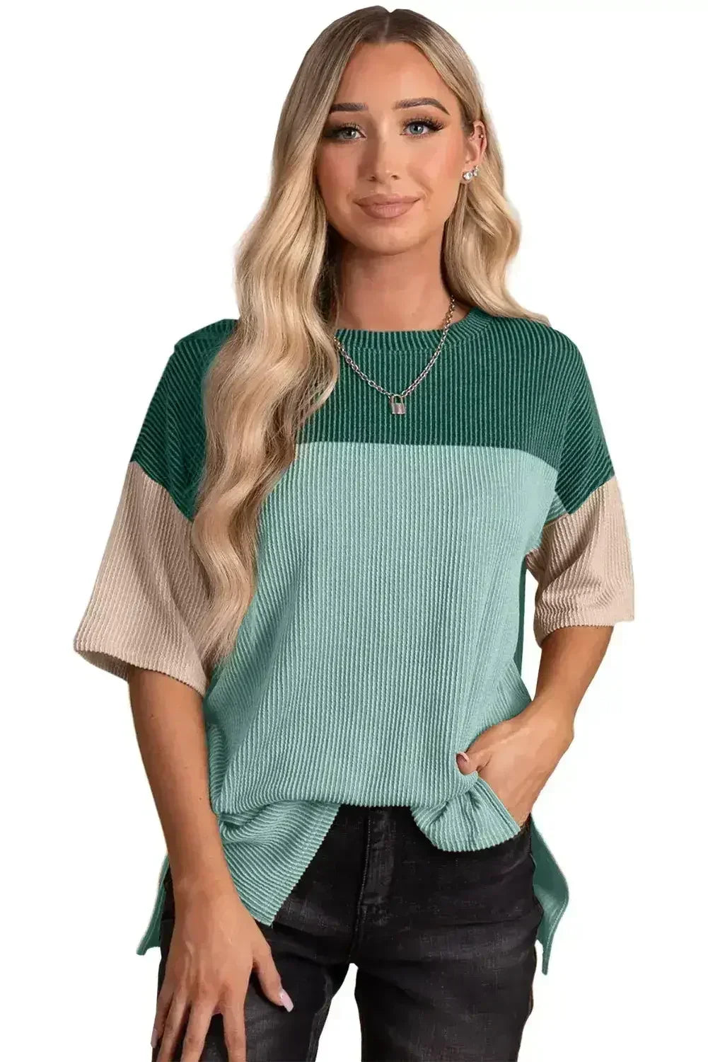 Black Color Block Ribbed Side Slits Half Sleeve Top - Femstylo