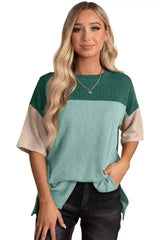 Black Color Block Ribbed Side Slits Half Sleeve Top - Femstylo