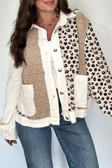 Khaki Leopard Waffle Quilted Patchwork Button Front Jacket