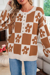 Thai Curry Flower Colorblock Checkered Henley Sweater