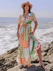 Printed Smocked Waist Short Sleeve Maxi Dress - Femstylo
