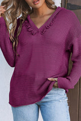 Purple Split V Neck Pullover Hooded Sweater