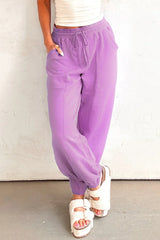 Lilac Tie Elastic Waist Solid Color Patchwork Jogger Pants