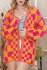 Taupe Colorblock Checked Open Front Knitted Cardigan