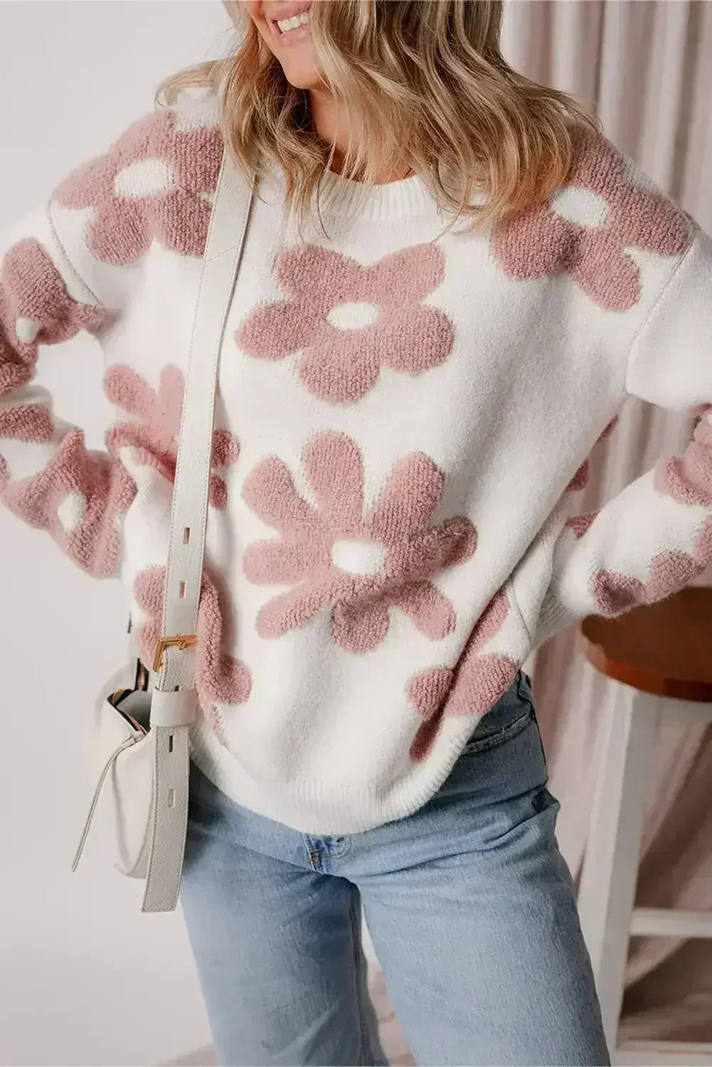 White Vintage Flower Drop Shoulder Loose Sweater - Femstylo