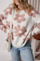 White Vintage Flower Drop Shoulder Loose Sweater - Femstylo