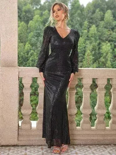 Sequin V-Neck Lantern Sleeve Maxi Dress - Femstylo
