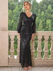 Sequin V-Neck Lantern Sleeve Maxi Dress - Femstylo