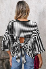 Black Stripe Bowknot Backless T-Shirt - Femstylo