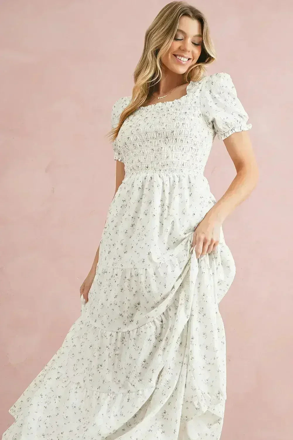 White Frill Neckline Shirred Bodice Floral Maxi Dress - Femstylo