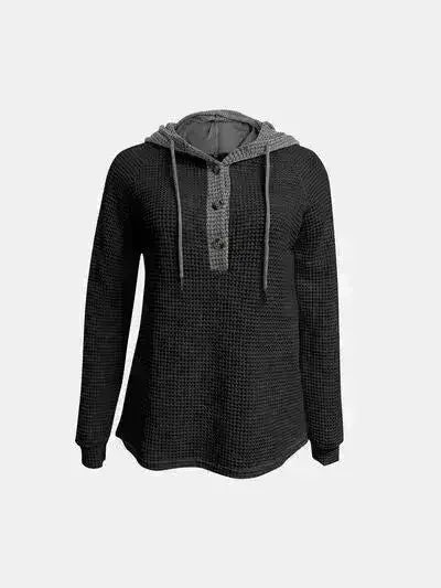 Full Size Waffle-Knit Contrast Long Sleeve Hoodie - Femstylo