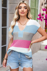 Multicolour Colorblock Notch V Neck Knit T Shirt