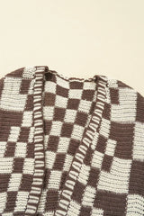 Taupe Colorblock Checked Open Front Knitted Cardigan