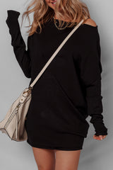 Black Asymmetric Neck Batwing Sleeve Shift Mini Sweater Dress