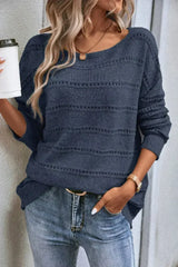 Real Teal Boat Neck Drop Shoulder Pointelle Knit Sweater - Femstylo